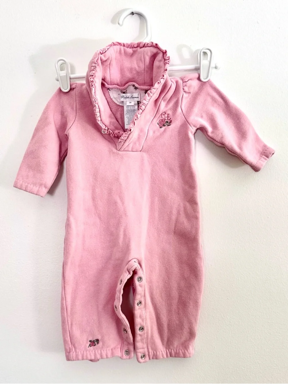 Ralph Lauren 9 Mo. Baby Girl Romper Cameo Pink Floral Embroidery Ruffle Collar
